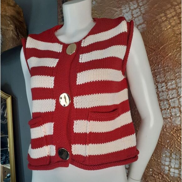 Nwt Zara Red and Crean Striped Knit Vest with Large Goldtone Buttons - Picture 12 of 12